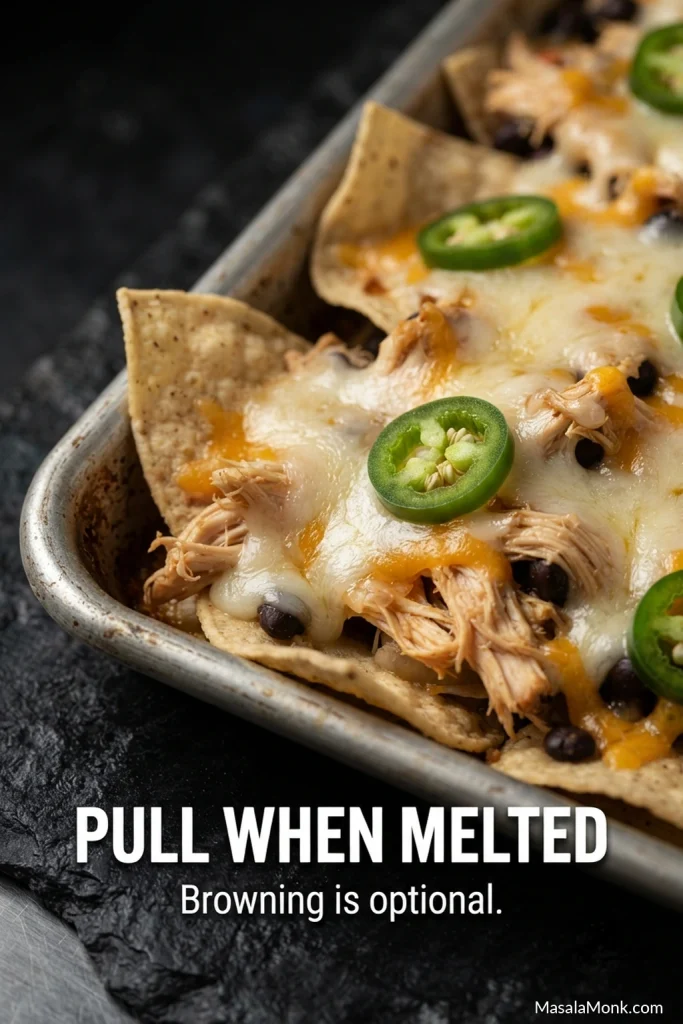 Close-up of sheet pan chicken nachos with fully melted pale and orange cheese over shredded chicken and tortilla chips with lightly toasted edges.