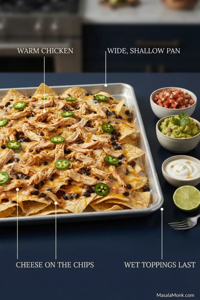 Shallow sheet pan of chicken nachos beside separate bowls of pico, guacamole, crema and lime, with four preparation rules labeled around the tray.