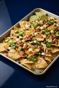 Large sheet pan of golden tortilla chips topped with shredded chicken, melted cheese, black beans and sliced jalapeños.