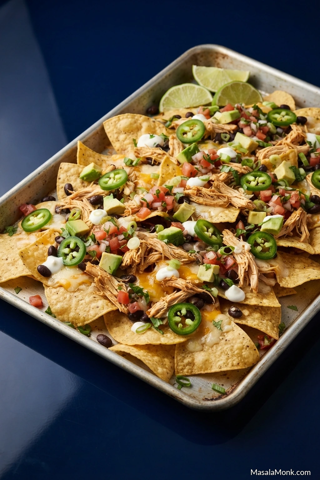 Large sheet pan of golden tortilla chips topped with shredded chicken, melted cheese, black beans and sliced jalapeños.