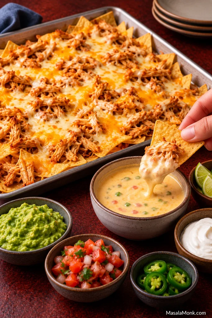 Shallow sheet pan of chicken nachos beside bowls of queso, guacamole, pico, crema and jalapeños while a hand dips one loaded chip into the queso.