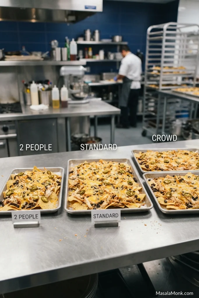 Small sheet pan, one standard half-sheet pan and two half-sheet pans showing increasing quantities of chicken nachos while keeping each tray shallow.