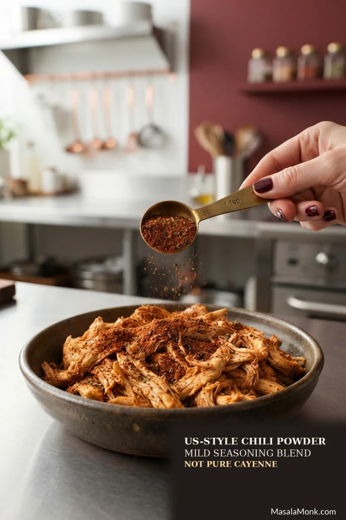 Measuring spoon filled with reddish chili seasoning beside shredded seasoned chicken; text notes that US-style chili powder is a mild blend, not pure cayenne.