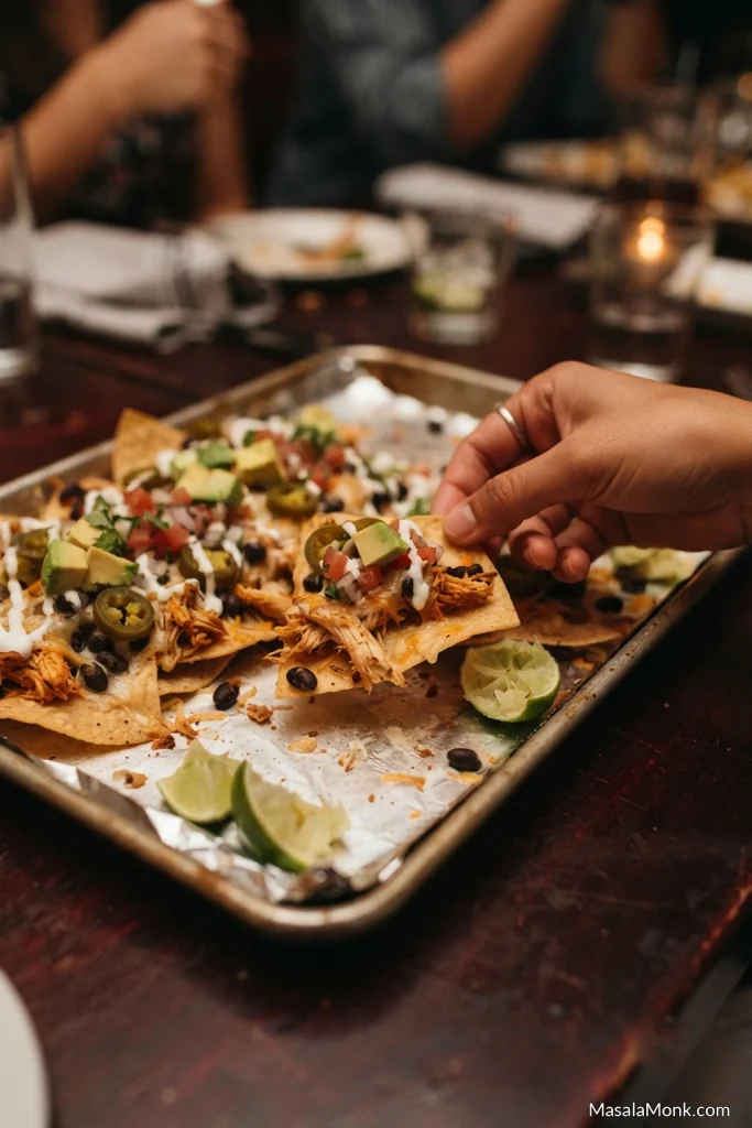 Partly eaten sheet pan of chicken nachos with melted cheese, shredded chicken and fresh toppings as a hand reaches for one of the remaining loaded chips.