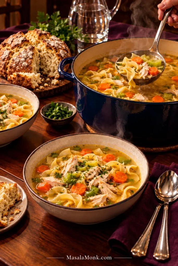 Warm dinner table with a steaming blue Dutch oven and bowls of chicken noodle soup, a ladle serving the soup, polished silverware and a round, craggy Irish soda bread with its dense interior visible.