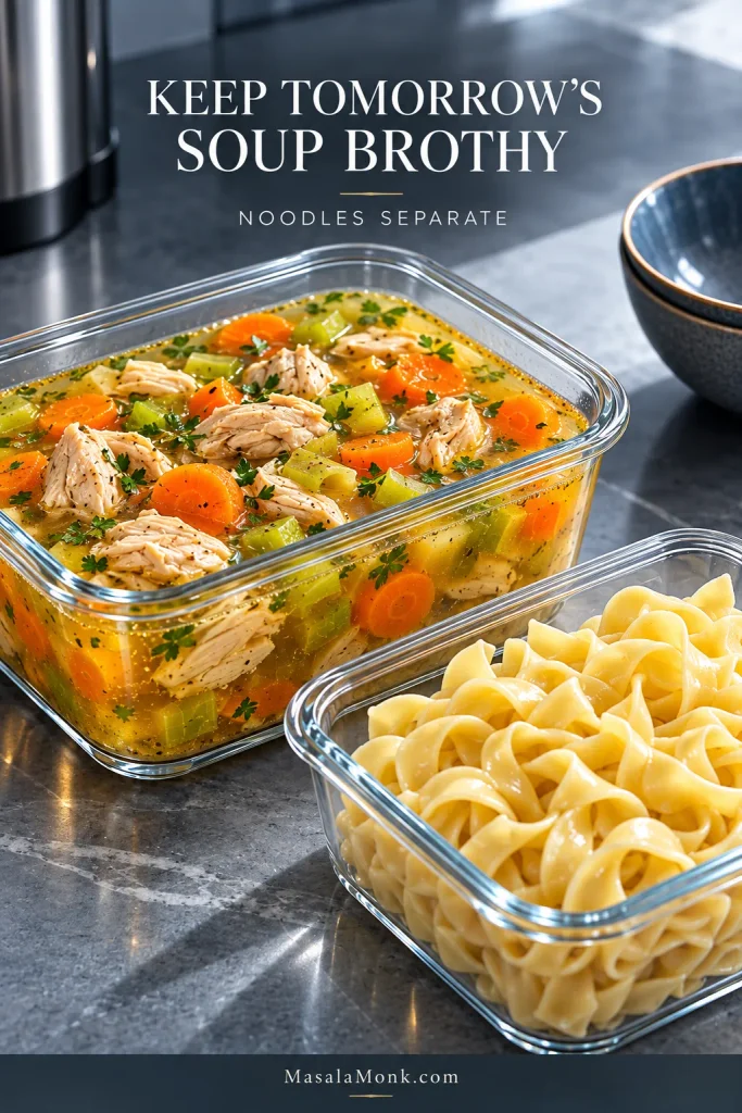 Two clear glass containers on a cool gray surface, one holding golden chicken soup with chicken, carrots and celery and the other holding cooked wide egg noodles. Text reads “Keep Tomorrow’s Soup Brothy — Noodles Separate.”