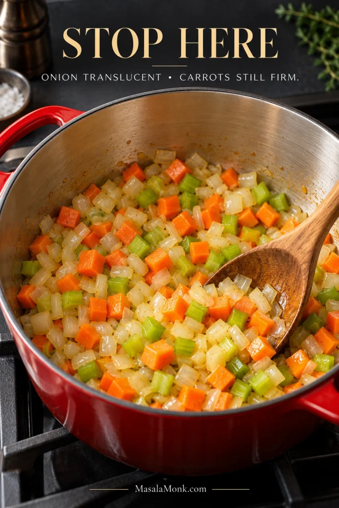 Diced onion, carrot and celery cooking in a red Dutch oven with a wooden spoon; the onion is translucent while the carrot and celery pieces remain firm. Text reads “Stop Here — Onion Translucent • Carrots Still Firm.”