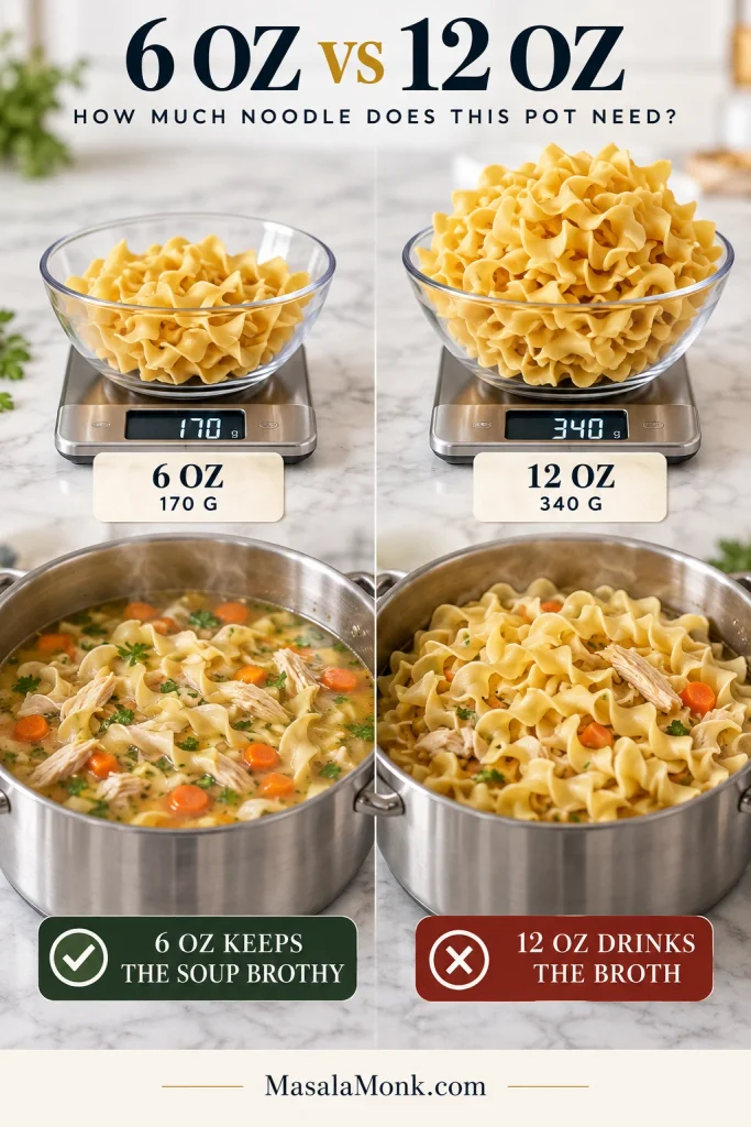 Side-by-side comparison of 6 oz / 170 g and 12 oz / 340 g of wide egg noodles on kitchen scales, with soup below showing the smaller quantity more brothy and the larger quantity much more noodle-heavy.