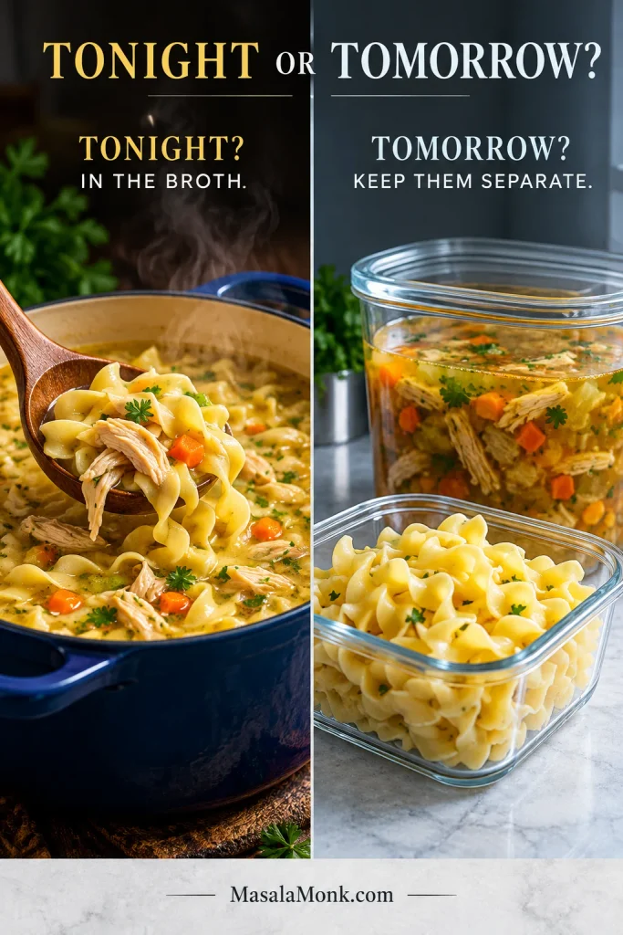 Split scene showing wide egg noodles cooking directly in steaming chicken soup on one side and chicken-vegetable broth with cooked noodles stored separately in glass containers on the other. Text reads “Tonight? In the Broth” and “Tomorrow? Keep Them Separate.”