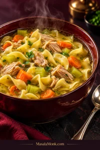 Steaming golden chicken noodle soup with wide egg noodles, irregular chicken pieces, carrot, celery and parsley in a deep burgundy serving bowl.