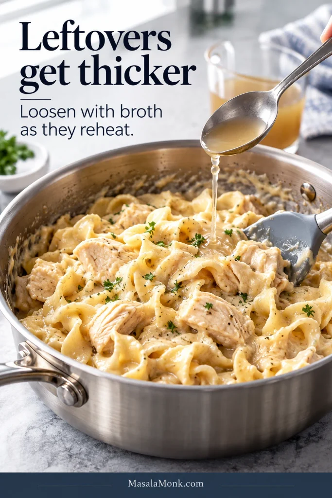 Thick leftover chicken and egg noodles being reheated while broth is added to loosen the creamy sauce.