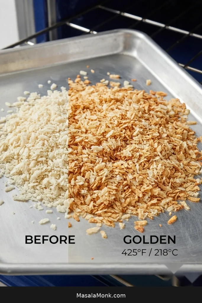Panko breadcrumbs shown pale before baking and evenly golden after browning, with 425°F / 218°C indicated.