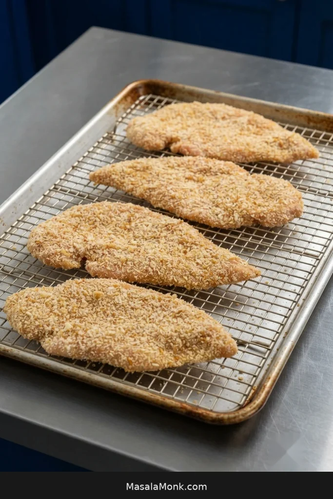 Four breaded chicken cutlets spaced apart on a wire rack set over a rimmed baking sheet.