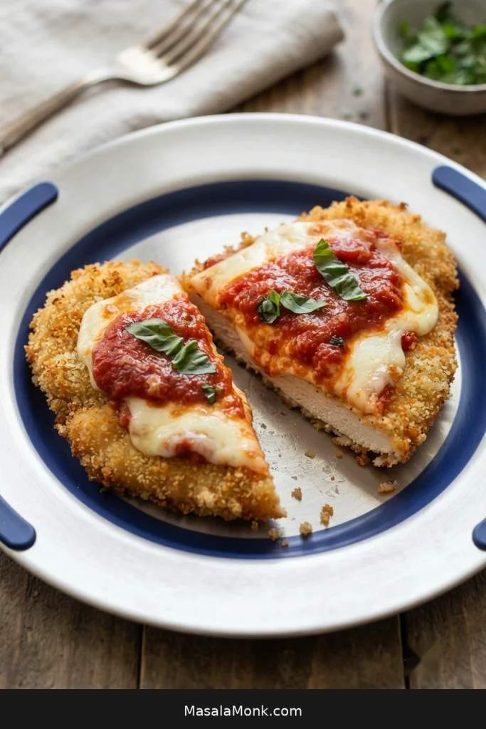Sliced baked Chicken Parmesan showing golden breading, thin cooked chicken, melted mozzarella, marinara, and an exposed crisp edge.