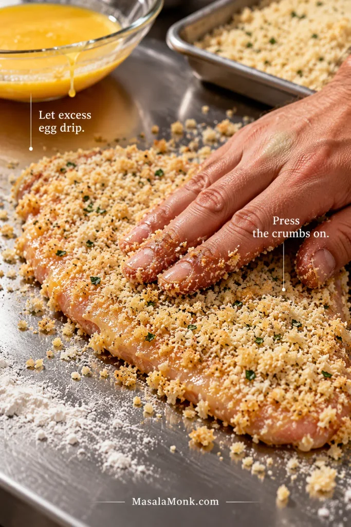 Hand pressing coarse Parmesan-panko crumbs onto a thin chicken cutlet beside a bowl of beaten egg.