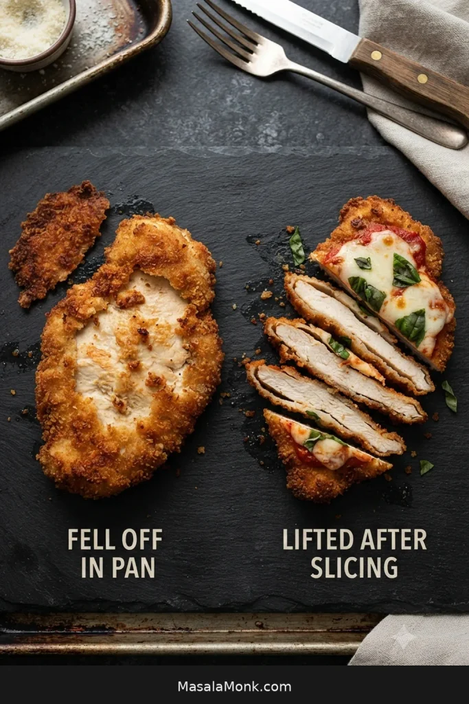 Comparison showing breading missing from part of a cooked chicken cutlet and an intact breading shell lifting away from sliced chicken.