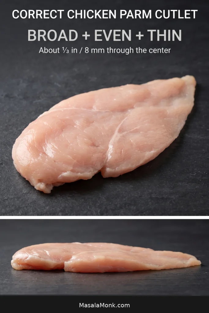 Raw chicken cutlet shown from above and from the side with guidance for a broad, even, thin cutlet about one-third inch or 8 millimeters through the center.