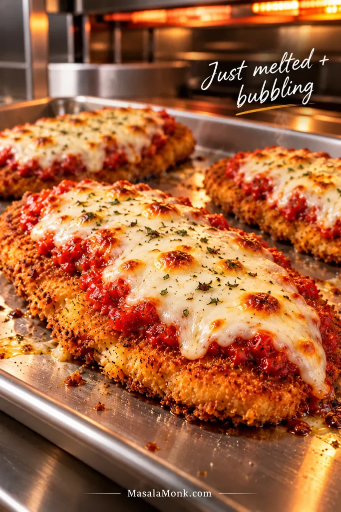 Breaded chicken cutlets on a sheet pan topped with marinara and bubbling melted mozzarella with a few golden spots.