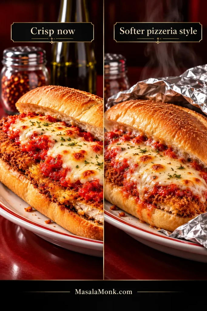 Two Chicken Parmesan sandwiches compared side by side, one crisp and unwrapped and the other partially wrapped in foil with a softer texture.