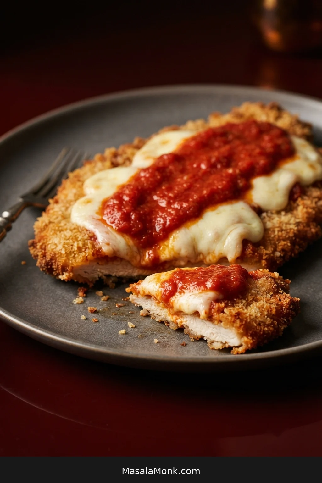 Golden Chicken Parmesan cutlet topped with melted mozzarella and thick marinara, with a sliced edge showing moist cooked chicken and crisp breadcrumb coating.