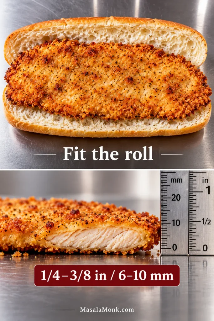 Breaded chicken cutlet fitted to an open hoagie roll with a side measurement showing ¼ to ⅜ inch, or 6 to 10 millimeters, thickness.