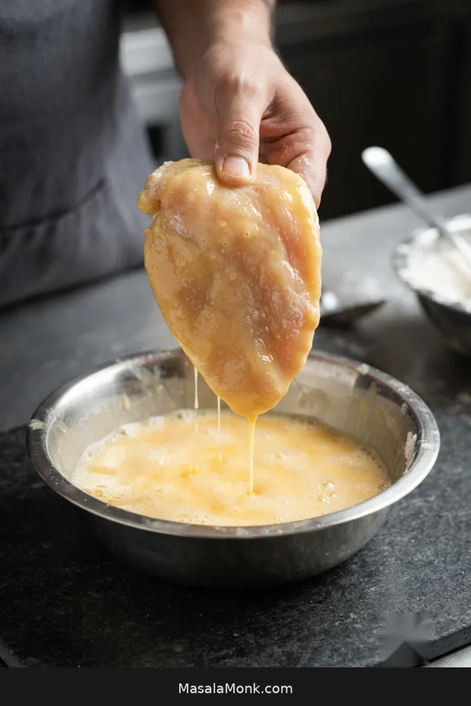 Thin raw chicken cutlet lifted from beaten egg with a light coating and several narrow drips falling back into a stainless bowl.