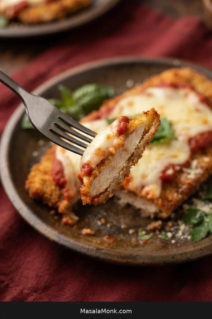 Fork lifting a bite of Chicken Parmesan with thin cooked chicken, attached golden crust, melted mozzarella, marinara, and a crisp exposed edge.