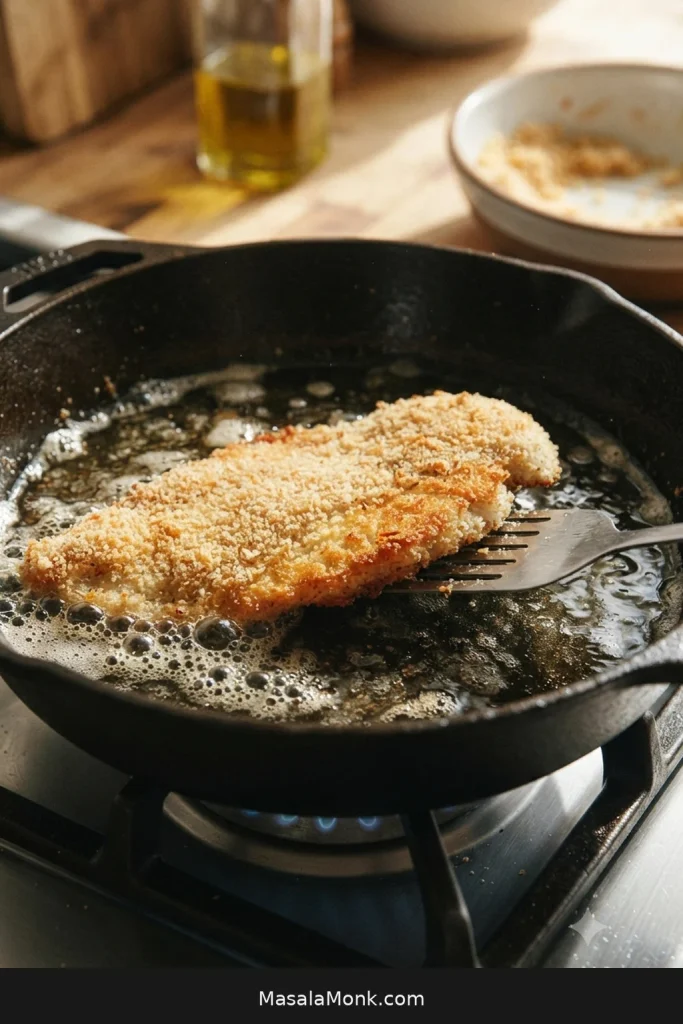Breaded chicken cutlet shallow-frying in a skillet while a thin spatula tests one golden edge for release.