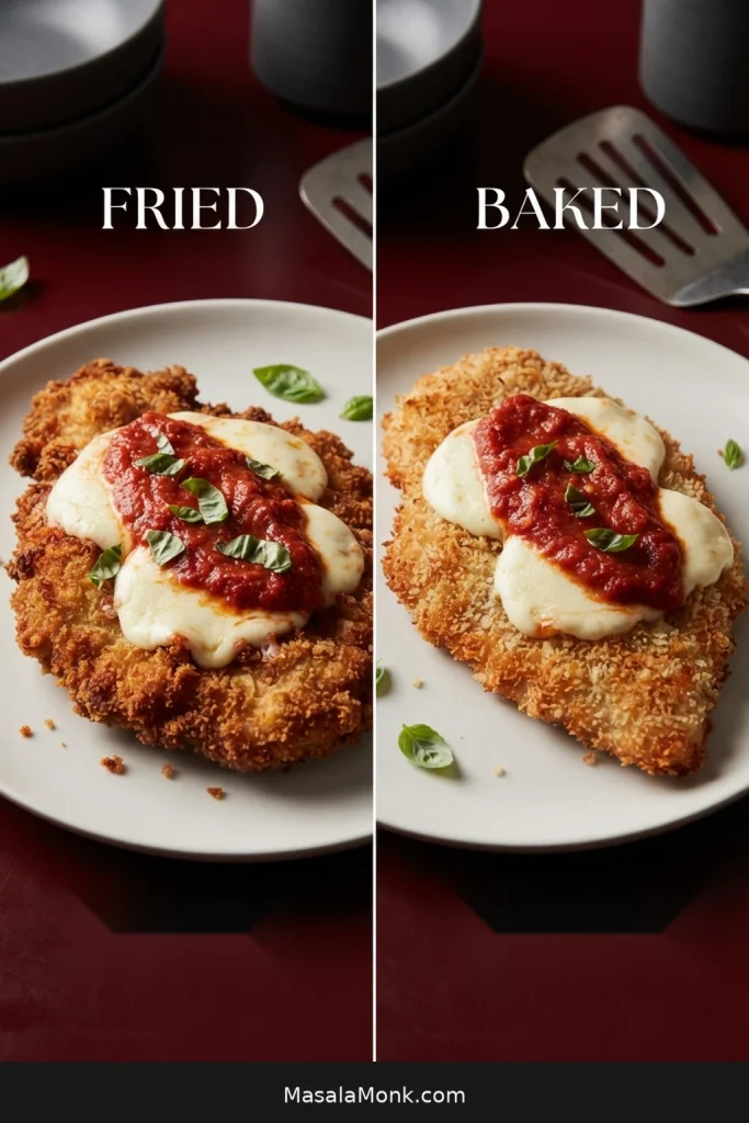 Fried and baked Chicken Parmesan shown side by side, with a darker rougher fried crust and a lighter more even baked crust.