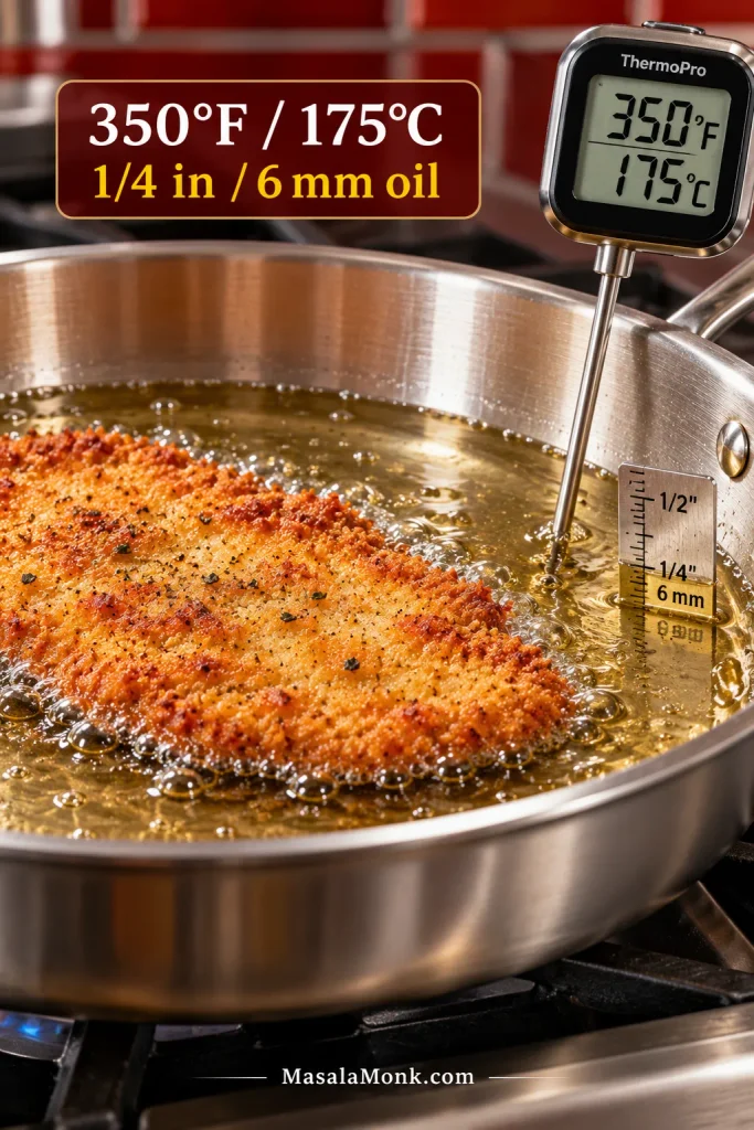 Thin breaded chicken cutlet shallow-frying in a skillet with oil marked at ¼ inch or 6 millimeters and a thermometer showing 350°F or 175°C.