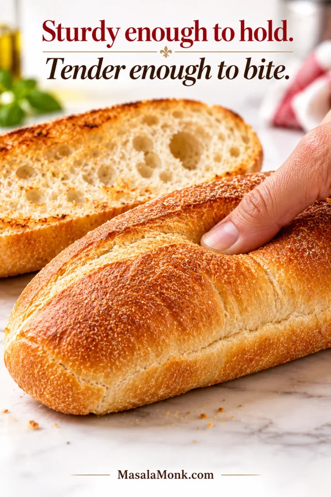 Italian hoagie roll with an airy crumb and toasted cut surface being gently pressed with a finger to show its softness.