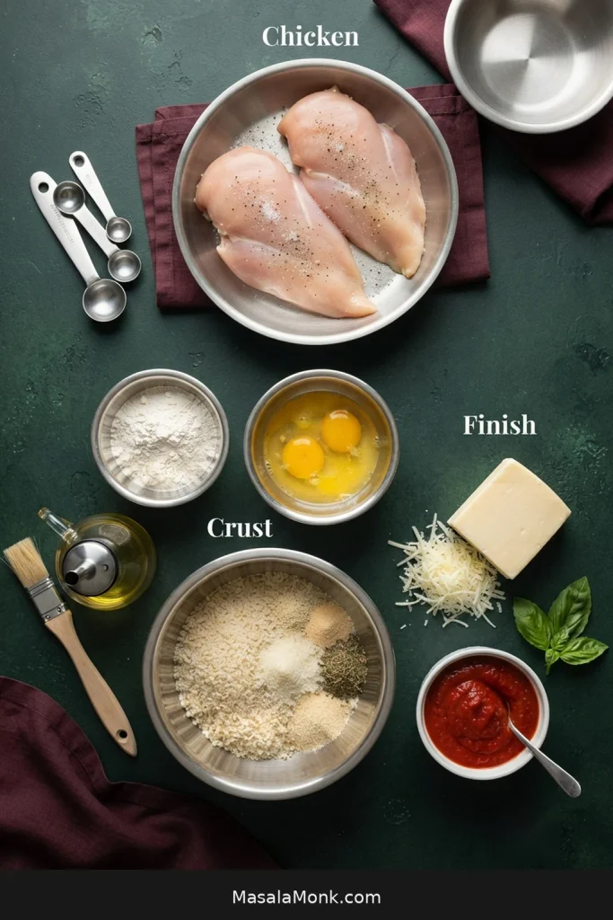 Chicken Parmesan ingredients grouped into chicken, breadcrumb coating, and finishing ingredients including flour, eggs, breadcrumbs, Parmesan, mozzarella, oil, marinara, and basil.