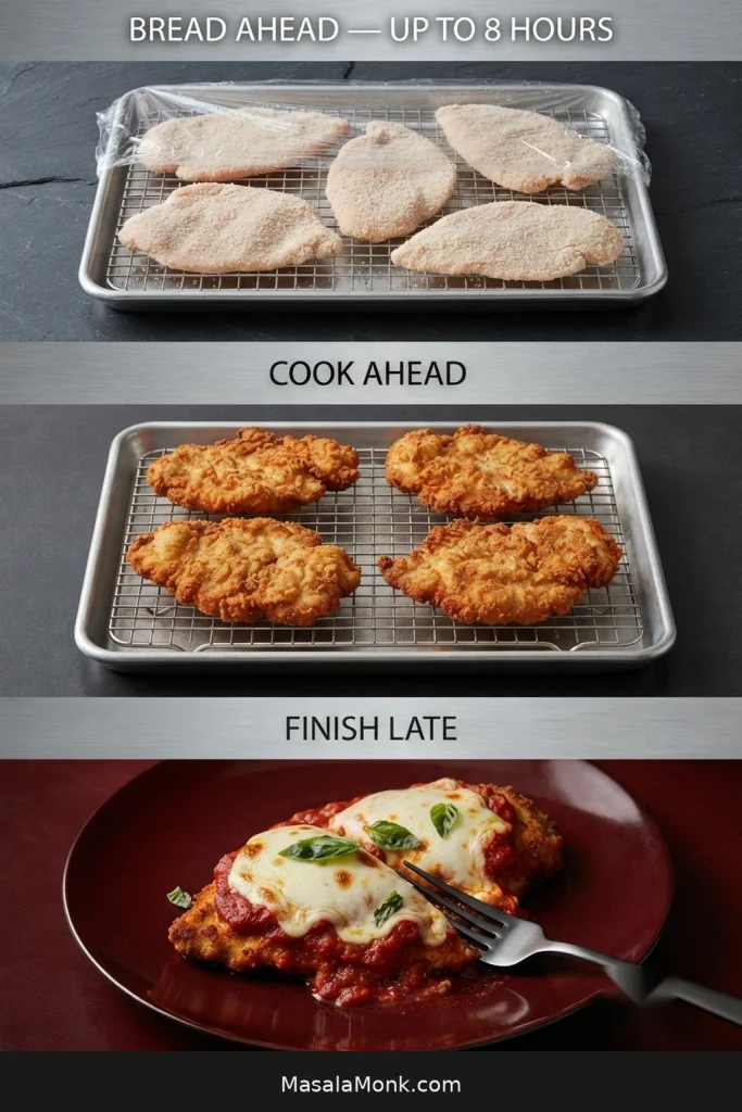 Three-stage make-ahead guide showing breaded raw chicken, cooked unsauced cutlets, and Chicken Parmesan finished later with cheese and marinara.