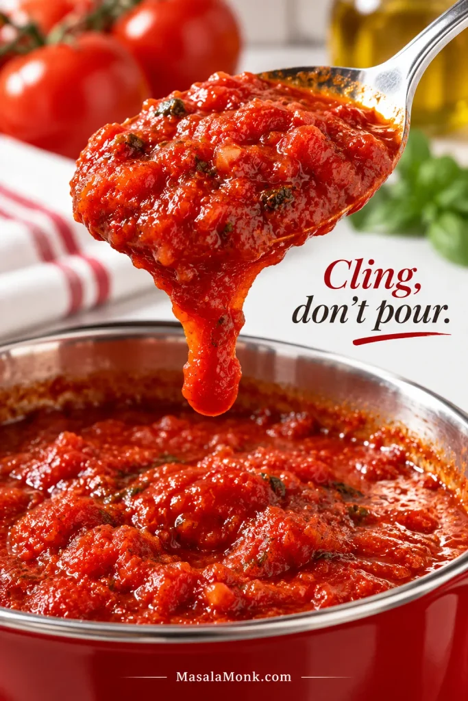 Spoon lifting thick chunky marinara that clings before falling slowly back into a saucepan.