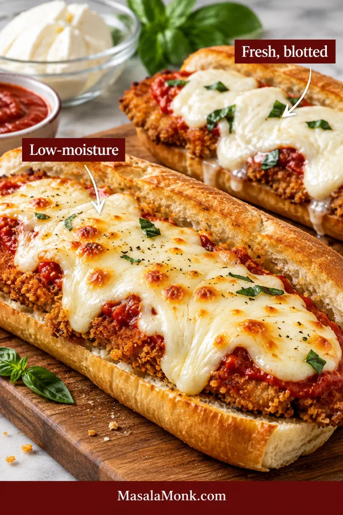 Two Chicken Parmesan sandwiches comparing evenly melted low-moisture mozzarella with softer pieces of blotted fresh mozzarella.