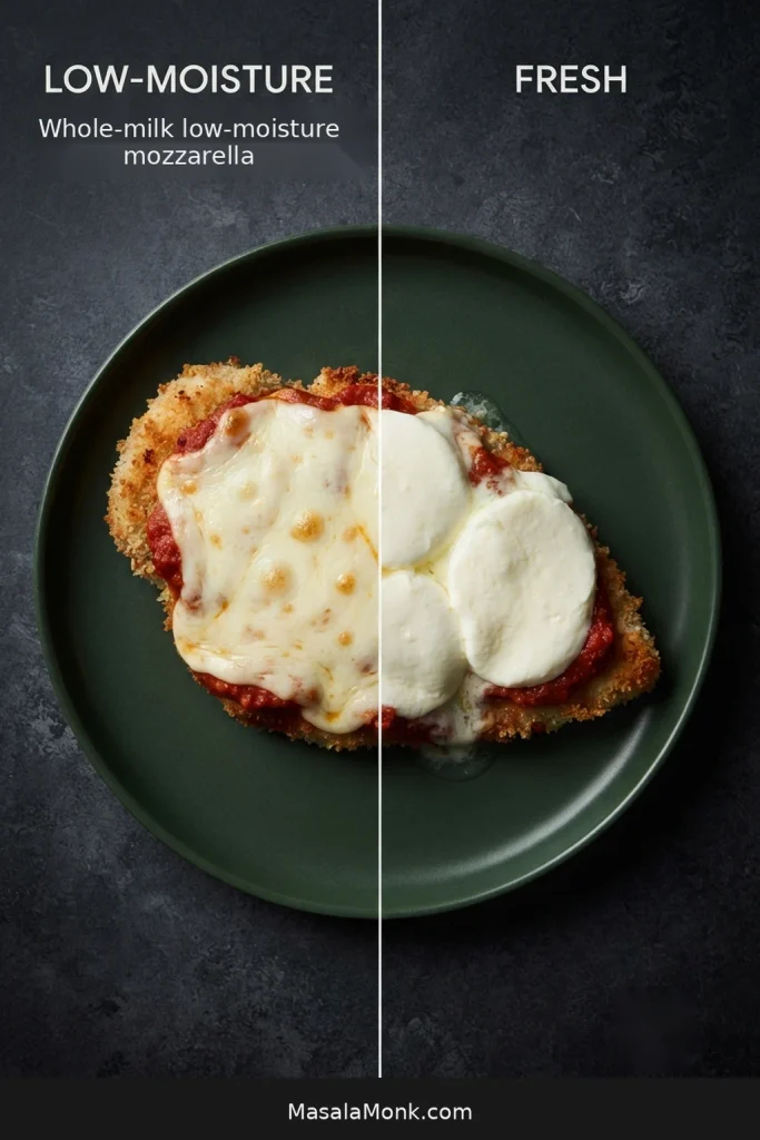 Comparison of low-moisture mozzarella melting evenly on Chicken Parmesan and fresh mozzarella producing a softer, wetter melt.