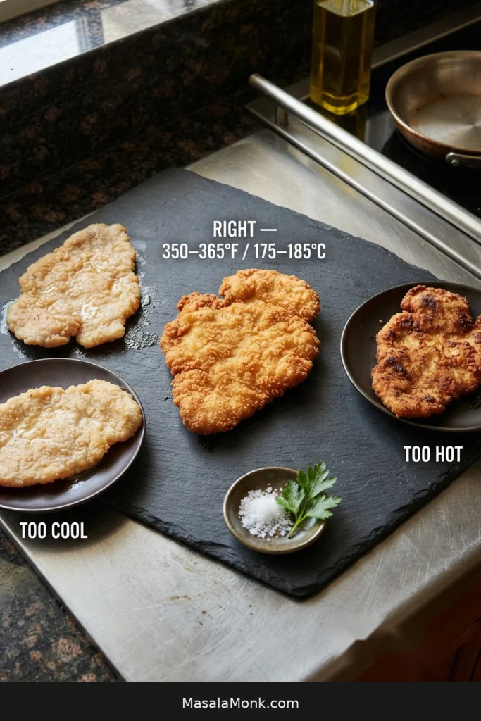 Breaded chicken cutlets showing pale, golden, and dark crust states with the preferred frying range labeled 350–365°F / 175–185°C.