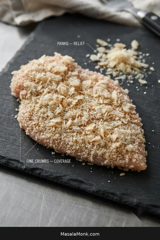 Raw breaded chicken cutlet beside coarse panko flakes and fine breadcrumbs, showing both crumb sizes in the coating.