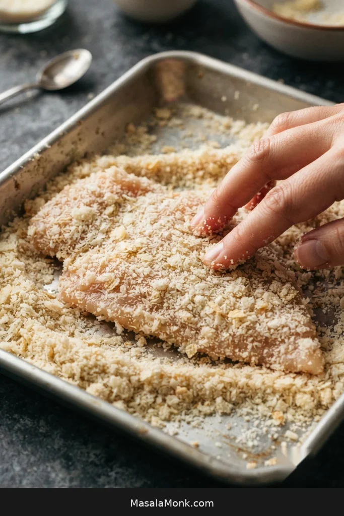 Fingers pressing a mixture of panko and fine breadcrumbs onto a thin raw chicken cutlet in a breading tray.