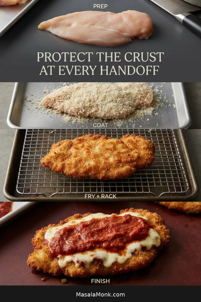 Four-stage Chicken Parmesan process showing a raw cutlet, breaded chicken, a fried cutlet resting on a wire rack, and the finished cutlet with mozzarella and marinara.