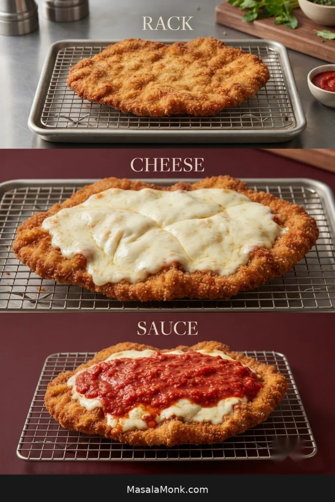Three-stage Chicken Parmesan sequence showing a fried cutlet on a rack, melted mozzarella added to the center, and marinara added over the cheese.
