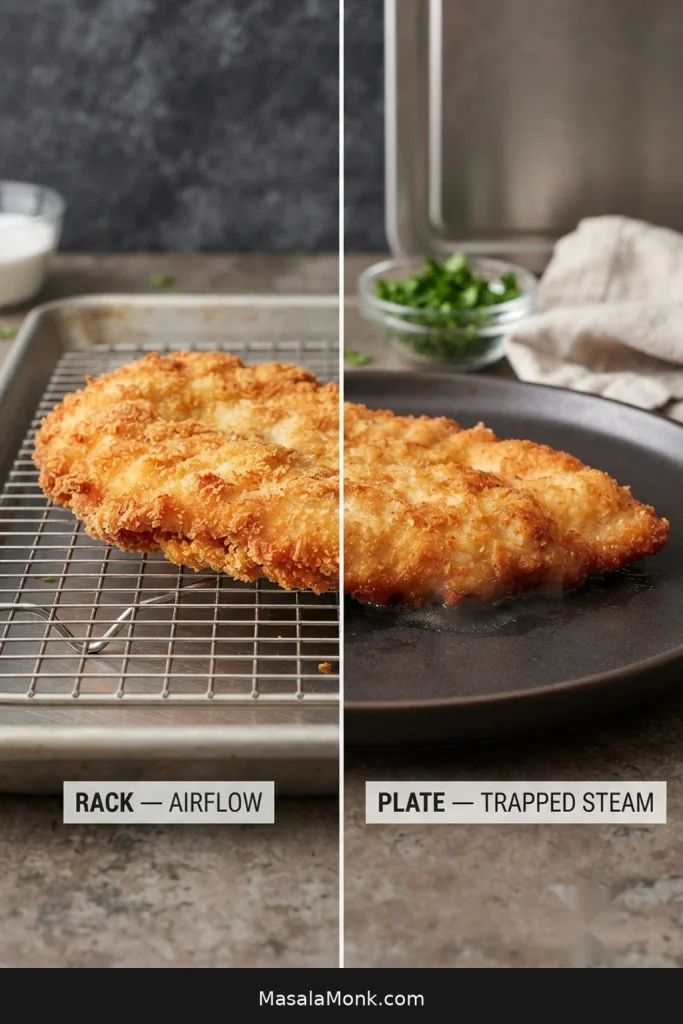 Fried chicken cutlets compared on a wire rack labeled Airflow and a flat plate labeled Trapped Steam.