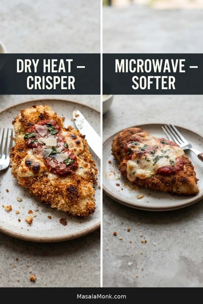 Leftover Chicken Parmesan reheated with dry heat showing a rougher crisp surface beside a microwave-reheated piece with softer breading.