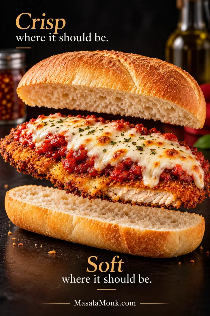 Exploded Chicken Parmesan sandwich with a hoagie roll, thin crispy chicken cutlet, marinara and melted mozzarella shown as separate layers.