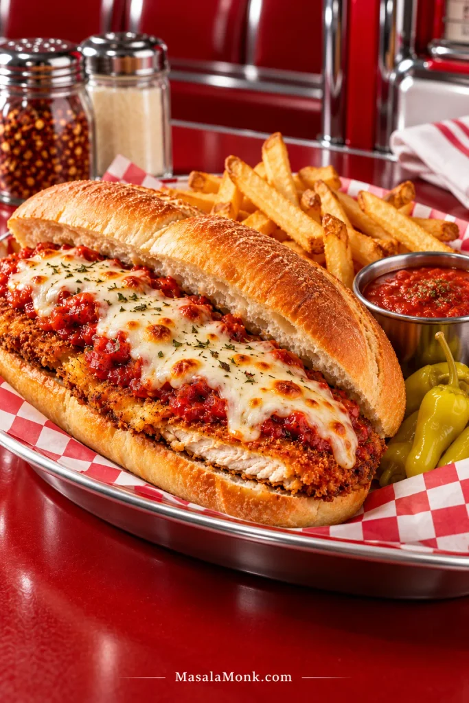 Chicken Parmesan sandwich served with golden fries, a ramekin of marinara and pickled peppers on a diner-style tray.