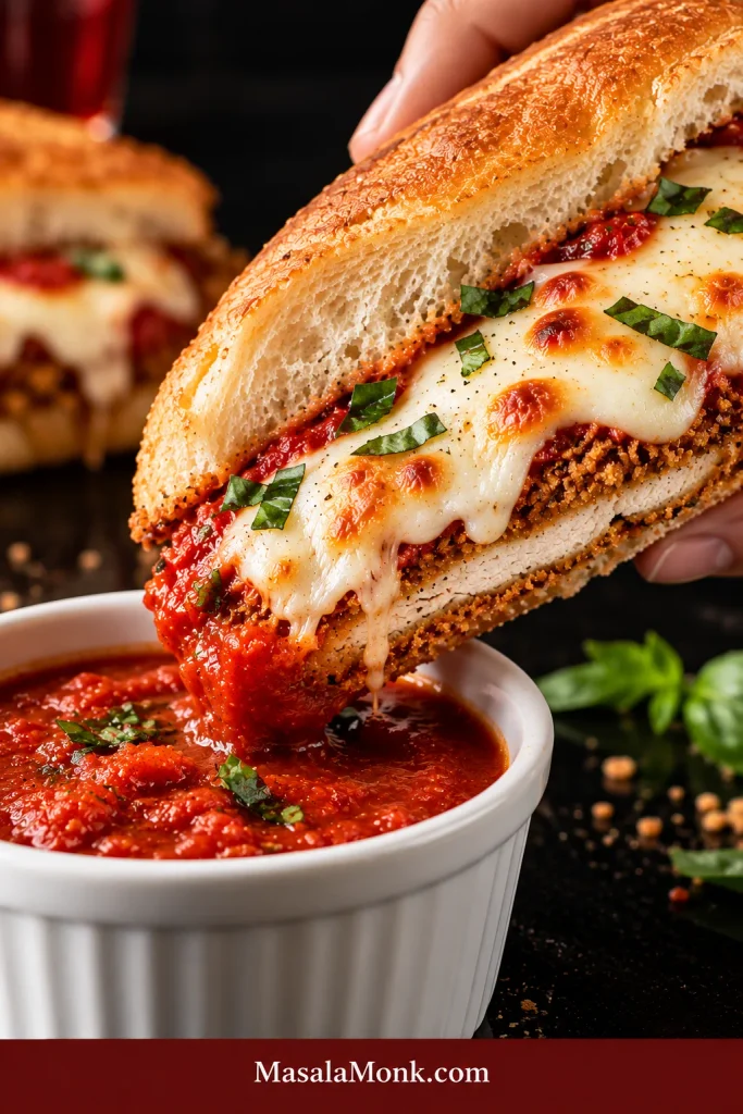 Hand holding a Chicken Parmesan sandwich with a thin crispy chicken cutlet, melted mozzarella and marinara while one edge is dipped into tomato sauce.
