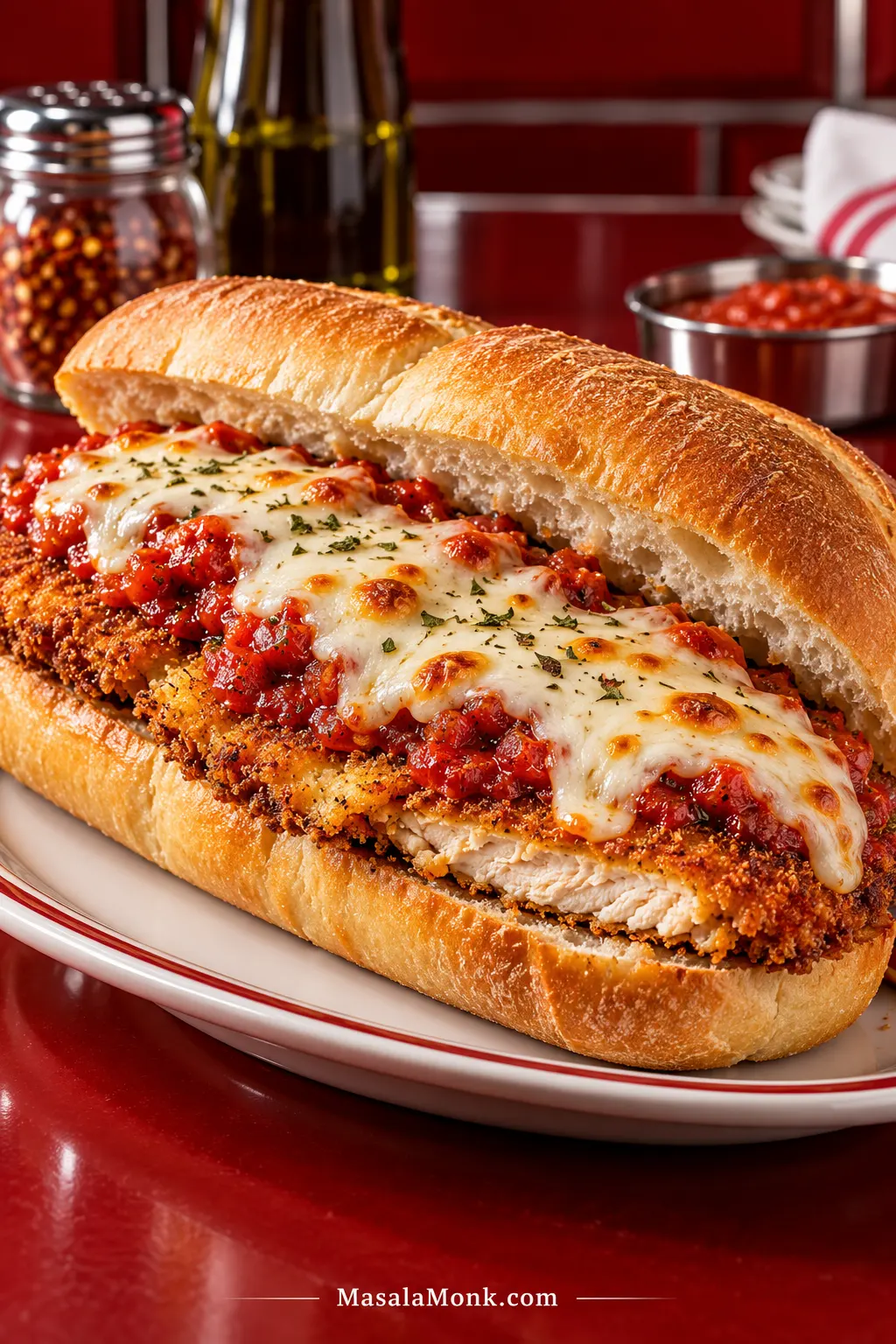 Chicken Parmesan sandwich on a hoagie roll with a thin crispy breaded chicken cutlet, marinara and melted mozzarella.