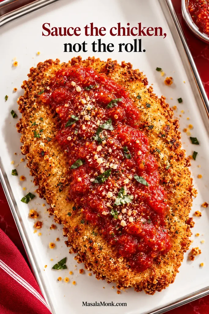 Crispy breaded chicken cutlet with thick marinara spooned through the center while the fried edges remain uncovered.