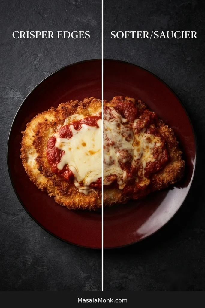 Two Chicken Parmesan cutlets, one with generous marinara coverage and one with a wider exposed golden breadcrumb edge.