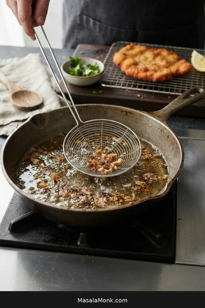 Metal skimmer removing dark breadcrumb and Parmesan fragments from shallow frying oil, with a golden fried cutlet resting on a rack behind.